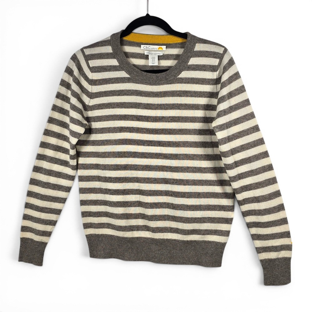 C&C California Womens 100% 2 Ply Cashmere Striped Sweater Grey Cream‎ Medium